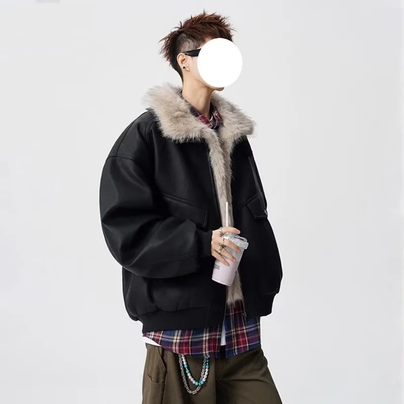2026 Autumn New Strap Stand Up Collar PU Leather Jacket for Men Winter Fashion Men's Thick and Warm Plush Lining Zipper Jacket