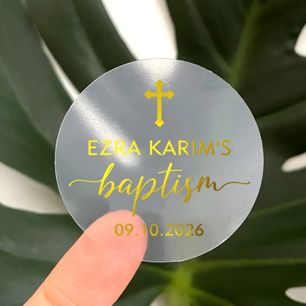

50PCS Personalized Baptism Stickers, Transparent Round Sticker with Gold Foil Text, Personalized Label Sticker for Baptism Favor
