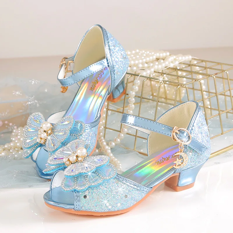 Zapatos de princesa para niñas, Sandalias de tacón alto con lazo de perlas, de cristal, para verano