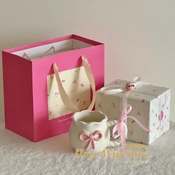Irregular Pink Bow Coffee Ceramic Cup Handmade Relief Cup Home Coffee Mug Breakfast Milk Mug Birthday Gift New