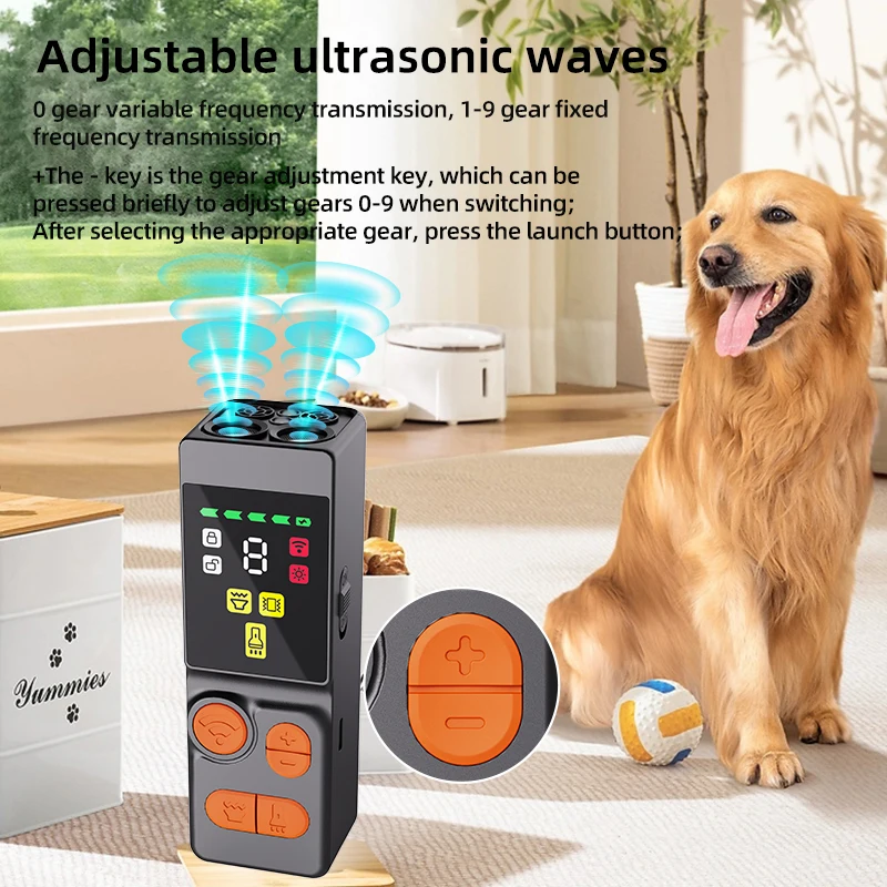 Ahuyentador Ultrasónico para Perros de 4 Cabezas con 10 Niveles Ajustables, Frecuencia Variable de 23-41kHz y Frecuencia Fija, Luz Estroboscópica, Batería de 2000mAh Tipo-C
