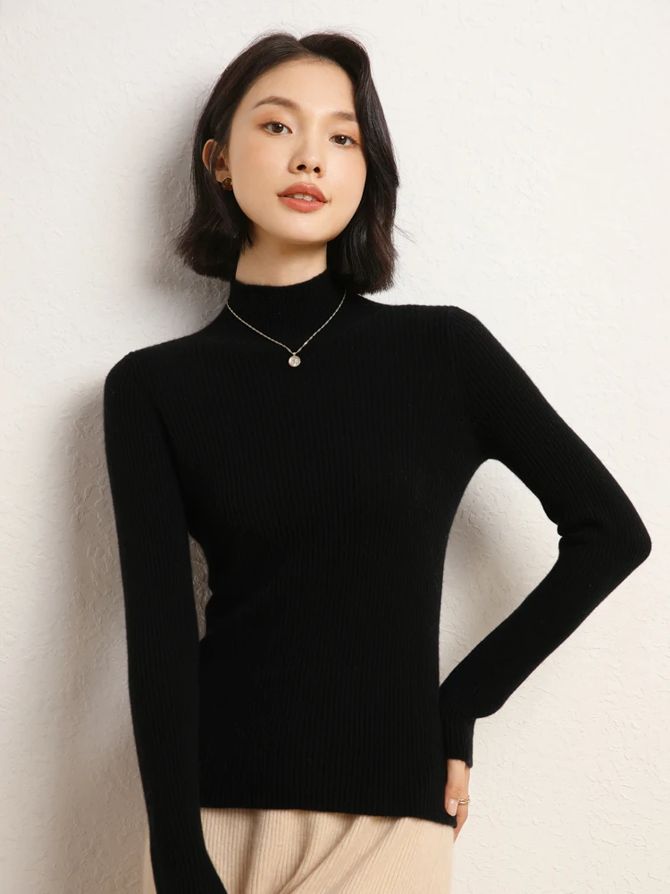 

Women's Slim-fit 100% Cashmere Sweater Pullover Autumn Winter Warm Mock Neck Soft Basic Long sleeves Clothing Tops Luxury Style