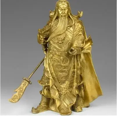 11 China Brass Copper 2 Finger Guan Gong Guan Yu Buddha Hold Dragon Sword Statue