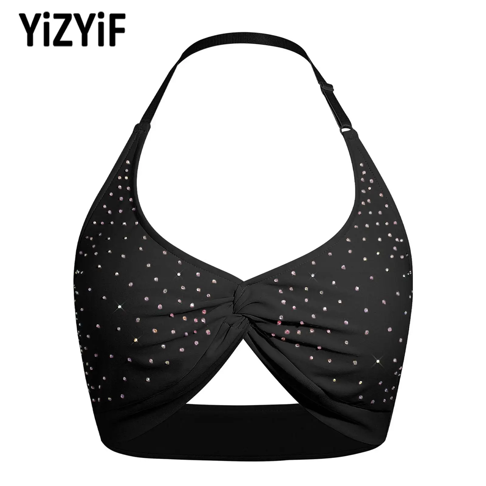 

Women's Adjustable Halter Deep V Bra Removable Padded Sports Bra Knot Front Rhinestones Workout Crop Top for Gym Yoga Running