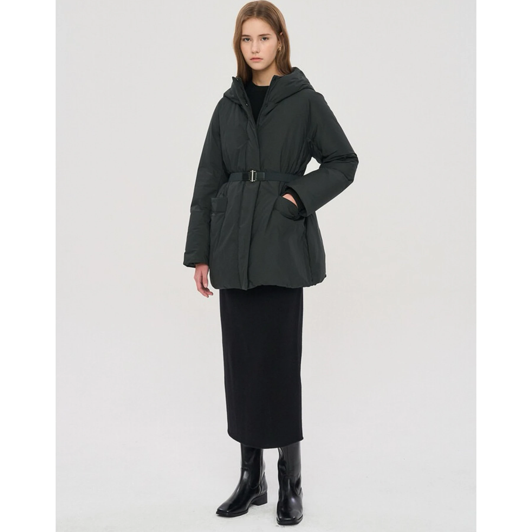 Casual citroenkaas halflange capuchonjas met riem Eenvoudig woon-werkverkeer Sle Ganzendonsjas voor dames Rechte snit Lange Sve