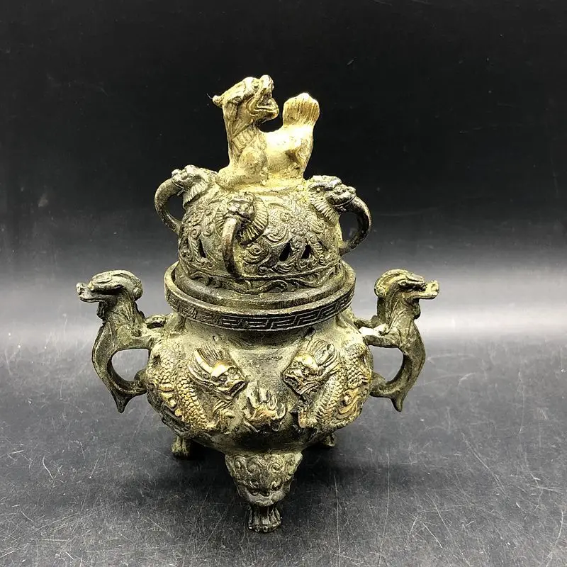 Antique Miscellaneous Collection Daqing Qianlong Annual Double Dragon Play Bead Incense Burner Incense Burner