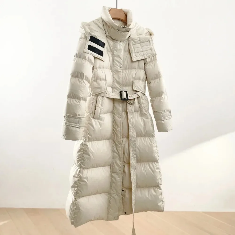 Down Jacket women 2024 New Autumn Winter Coat Women Hooded Long Jacket with Belt Female Thick Warm Loose Down Parka Outerwear