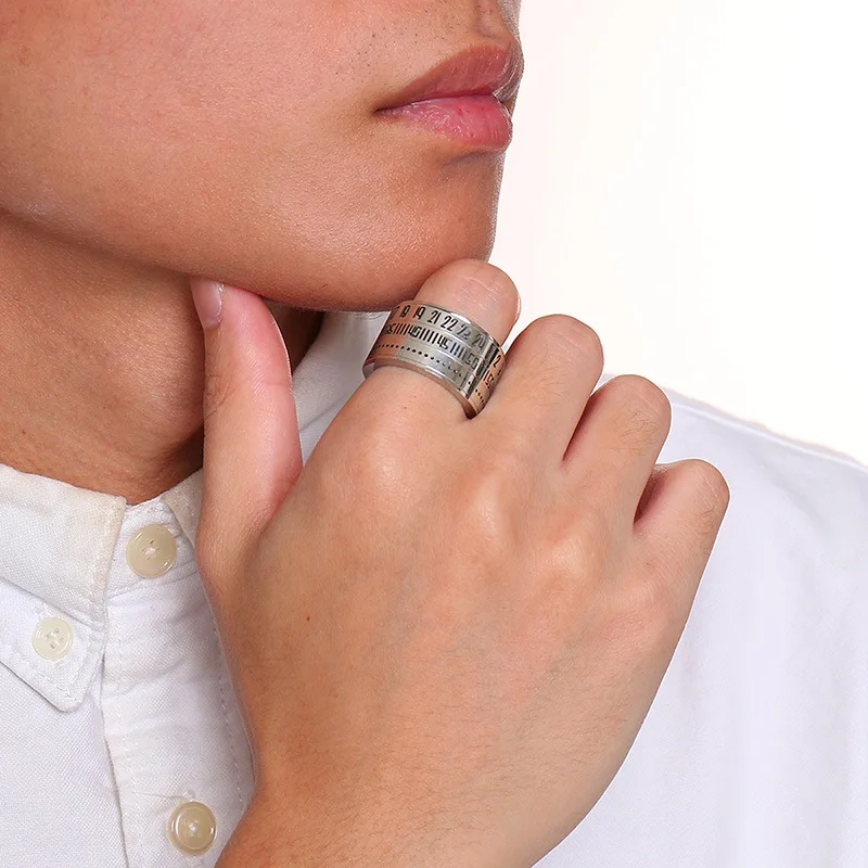 Мужские кольца в форме времени, серебряное вращающееся кольцо из нержавеющей стали с арабскими цифрами, форма календаря Anel Masculino, модные украшения