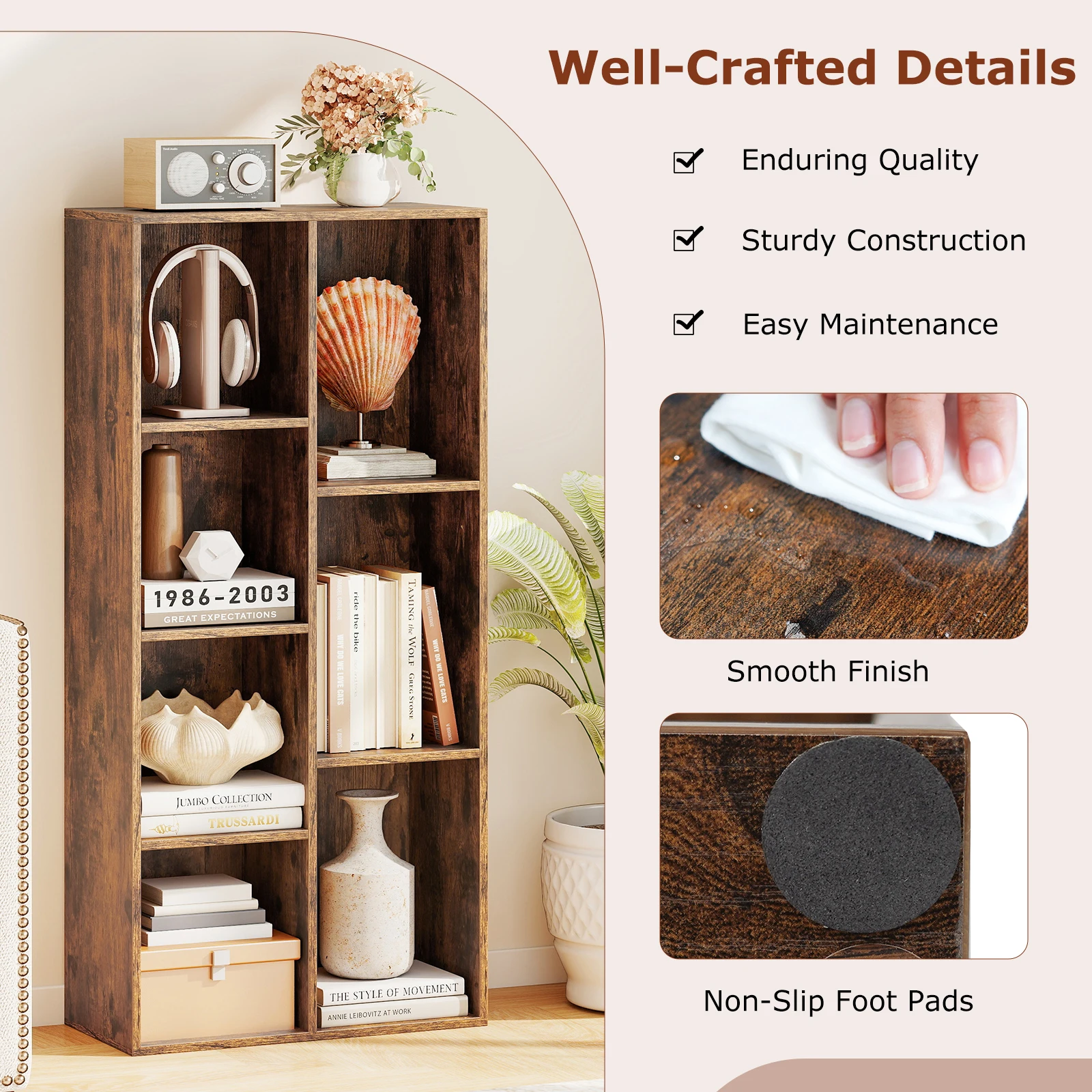 7-cube freestanding bookshelf in vertical configuration