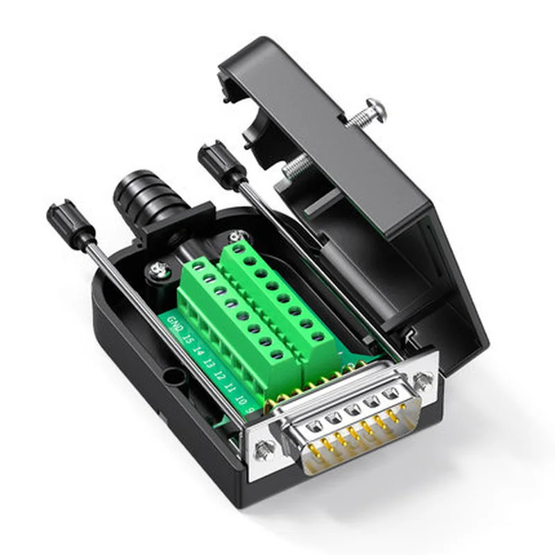 DB15 Solderless Breakout Board Connector, RS232 D-SUB Serial  Port Terminal Block 17mm Thinner Solderfree Adaptor with Tail Pipe