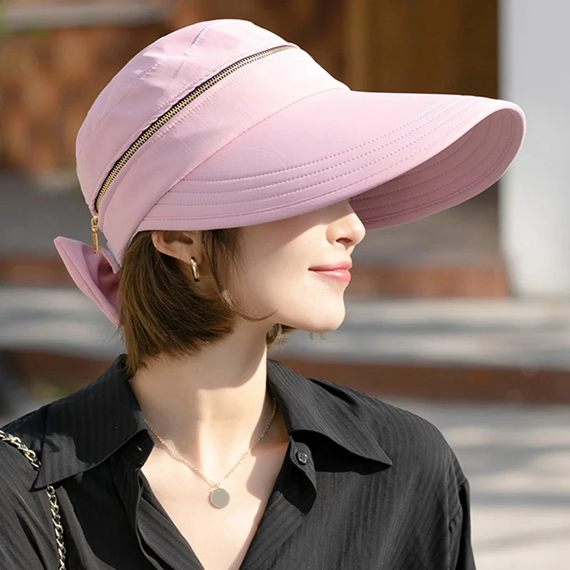 2024 Summer Hat Removable Cap Top with Zipper Empty Top Hat Anti-UV Sun Hats Ladies Cotton Foldable Wide Brim Hat Visor Caps