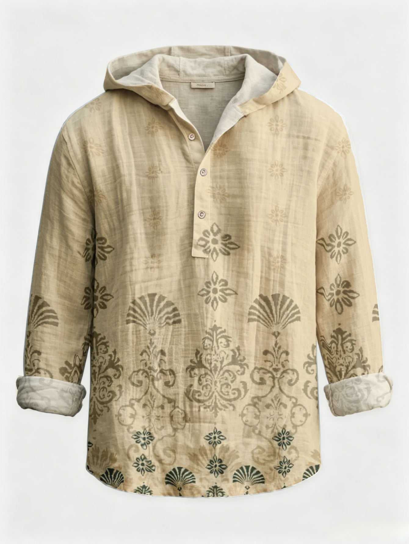 Men Retro Baroque Floral Shell Pattern Hooded Henley Shirt Long Sleeve Half Button Loose Casual Daily Wear Shirts