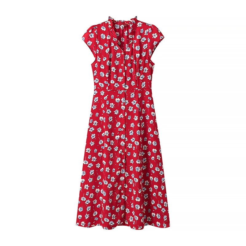 2025 New Red Floral Printed Dress Short Sleeve V-neck Button Midi Dresses Elegant Casual Streetwear Party Female Dress