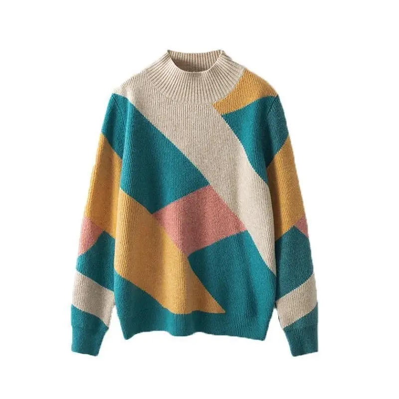 Women\'s Spring and Autumn New Loose Contrast Color Pullover Half High Neck Striped Sweater Fashion Long Sleeve Commute Knit Tops