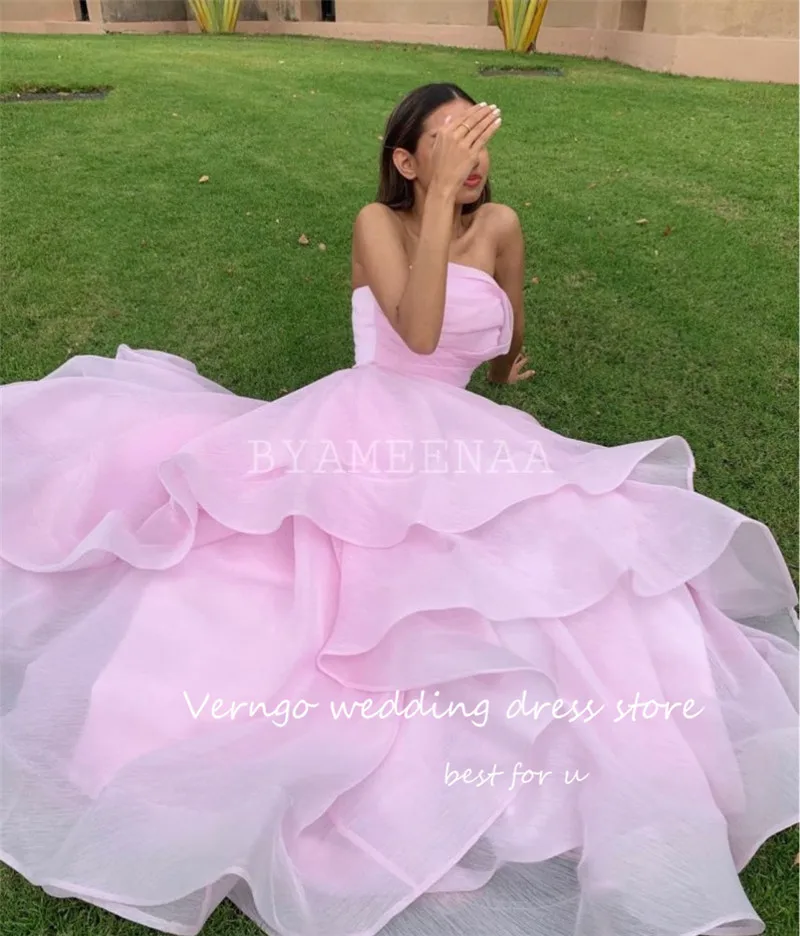 Verngo Pink Organza Ruffles Prom Dresses Saudi Arabic Lady Party Formal Evening Gowns Long Party Dress Graduation Dress