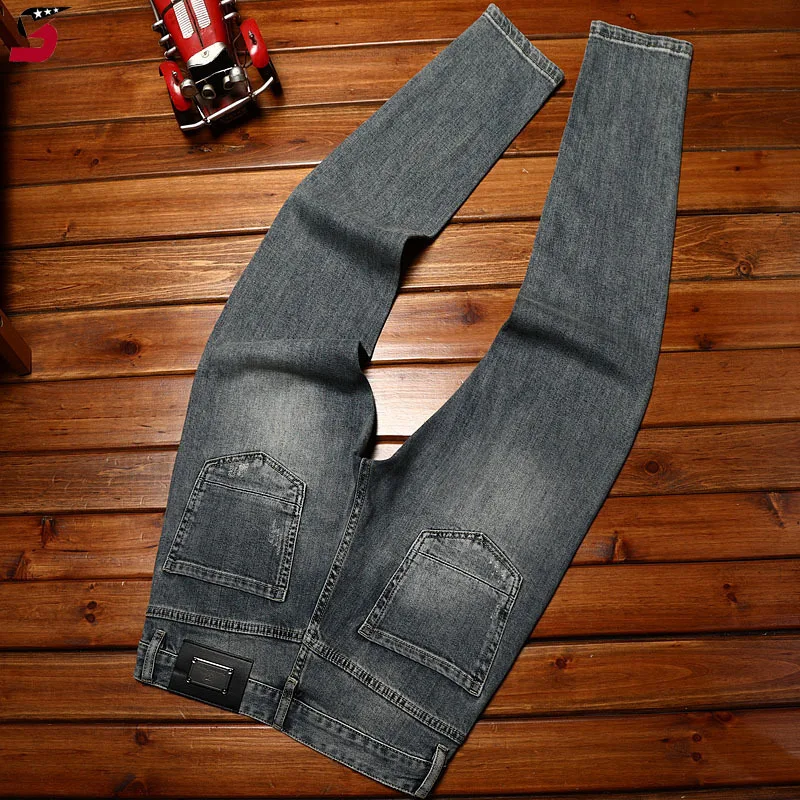 High-end trendy jeans men's Korean-style slim fit skinny pants casual all-match stretch contrast color fashion trousers