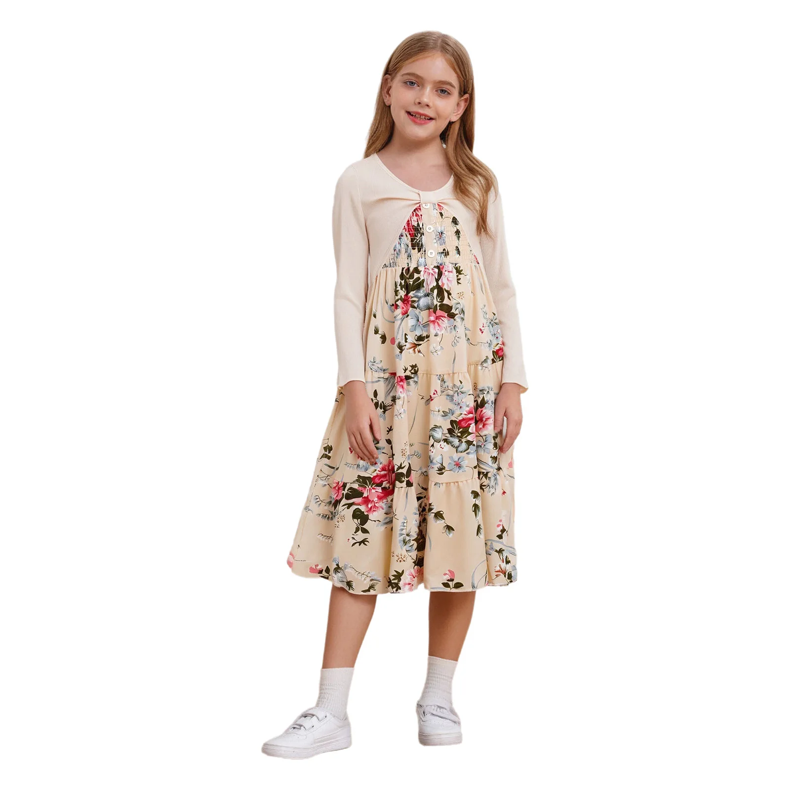 

2Pcs/Set Kids Girls Dress Casual Outfit Adjustable Spaghetti Straps Floral Print Cami Smocked Dress+Knot Front Bolero Shrug Top