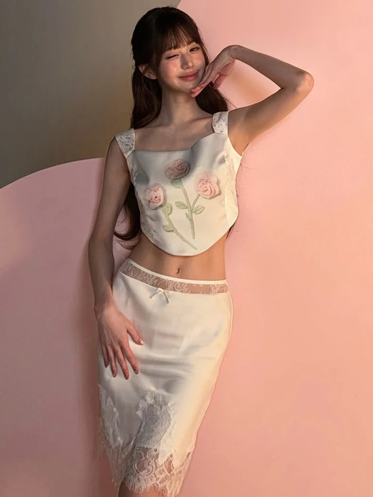 Weird Puss Sweet Patchwork 2-teiliges Set für Damen, Blumendruck, unregelmäßiger Saum, Camisole + Spitzenrock mit elastischem Bund, Sommer-Mode-Anzug – Detail 6