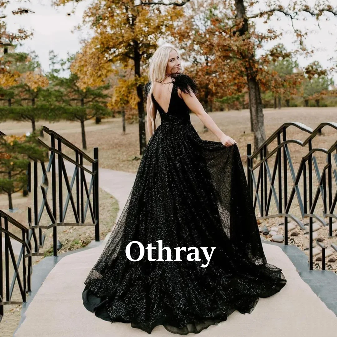 Othray Gliiter Black Wedding Dresses Feather Shoulder Vestidos De Noche Shiny Open Back Gothic Bridal Gowns With V Neck 2025