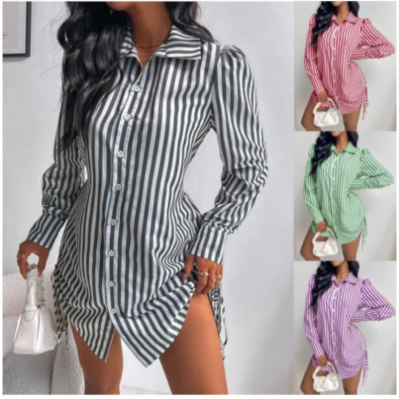 Vestido de camisa assimétrica de manga comprida feminino com decote em v, robe lateral, botão, sexy, moda feminina, outono, novo, 2024