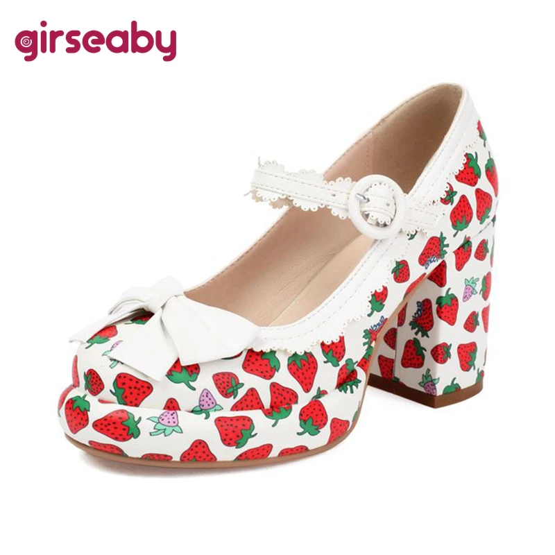 

Girseaby Mary Janes Women Pumps Round Toe High Heel 8.5cm Platform Bowknot Strawberry Mixed Color 33 41 42 43 Sweet Girls Shoes