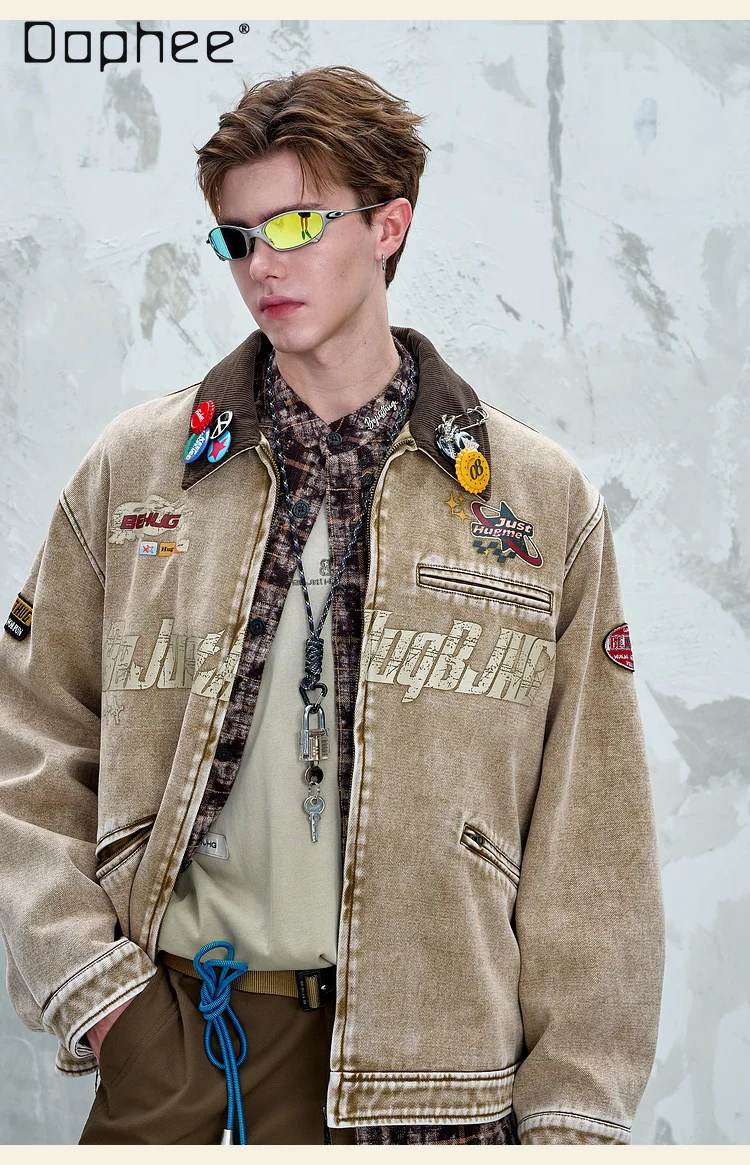 2025 Spring and Autumn New American Retro Men's Dark Gray Light Gray Khaki Workwear Turn-down Collar Loose Casual Jacket