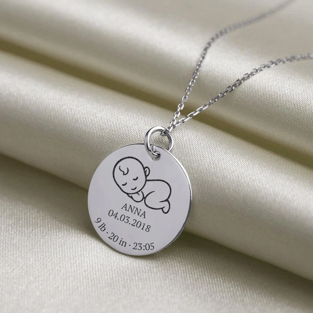 

Custom Necklace for Women Stainless Steel Personalized Engraved Baby Birth Date Round Pendant Kids Jewelry Newborn Gift for Mama