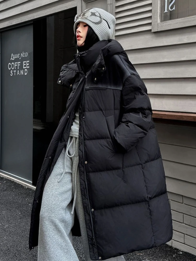 2025 hiver longue doudoune femme Parkas à capuche épissé épaissir chaud lâche pardessus femmes 90% blanc canard bouffant manteau vêtements d'extérieur