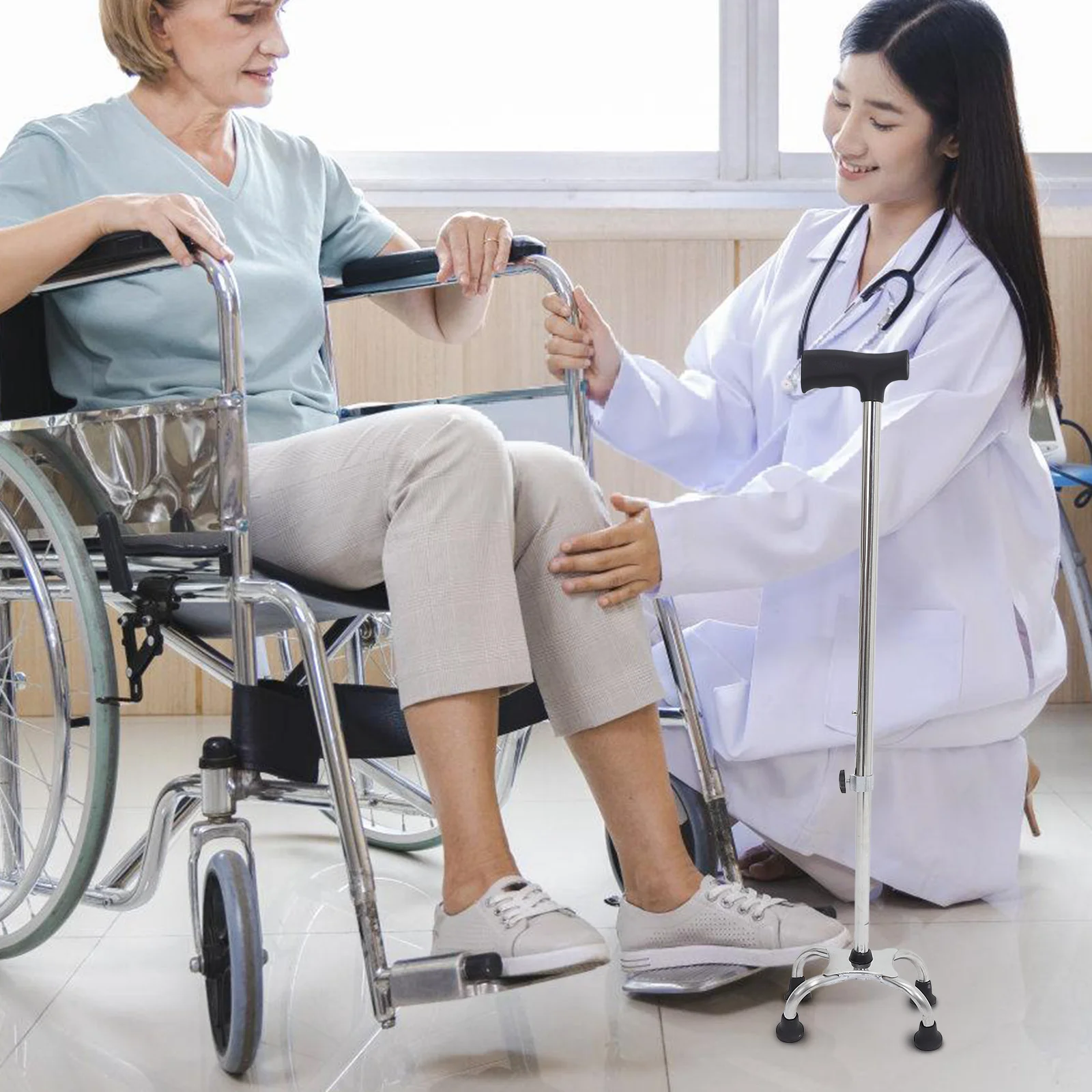 

Sturdy Stainless Steel Walking Cane Adjustable Height Anti Slip Base Comfortable Rubber Grip for Senior Citizens Mobility Aid