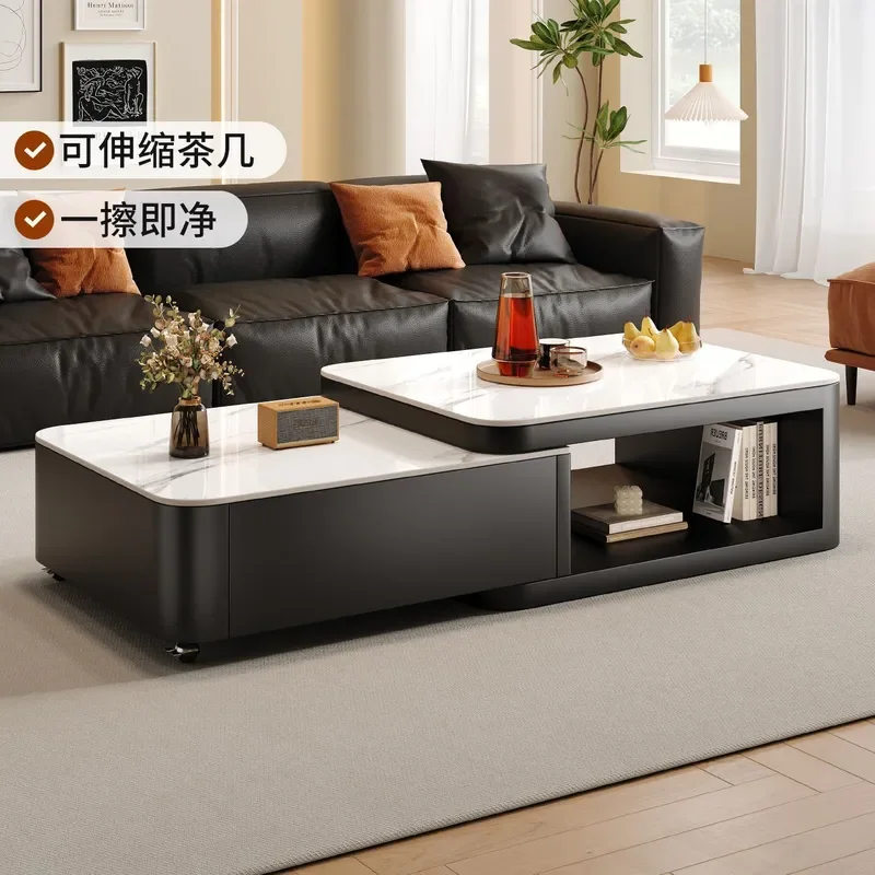 Telescopic Coffee Table for Living Room Small Apartment Rectangular Rock Slab Top Modern High End Extendable Side Table Home