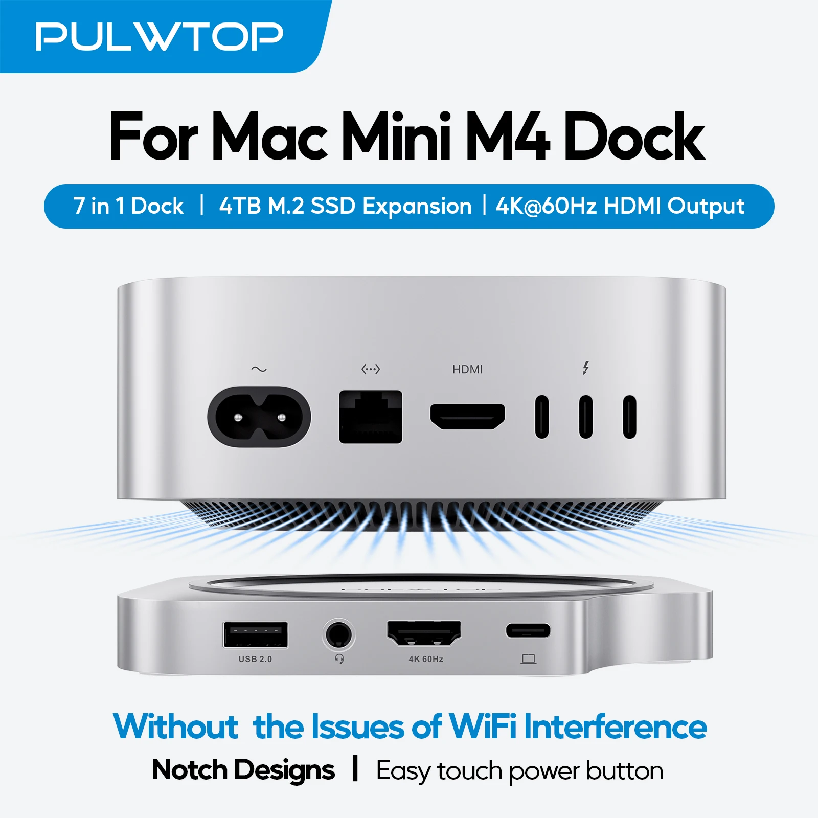 PULWTOP Mac Mini Dock with M.2 SSD Enclosure for Mac Mini M6, M5 Pro, M4/ M4 Pro, with HDMI 4K 60Hz, 3 X USB A 2.0, SD/TF, Audio