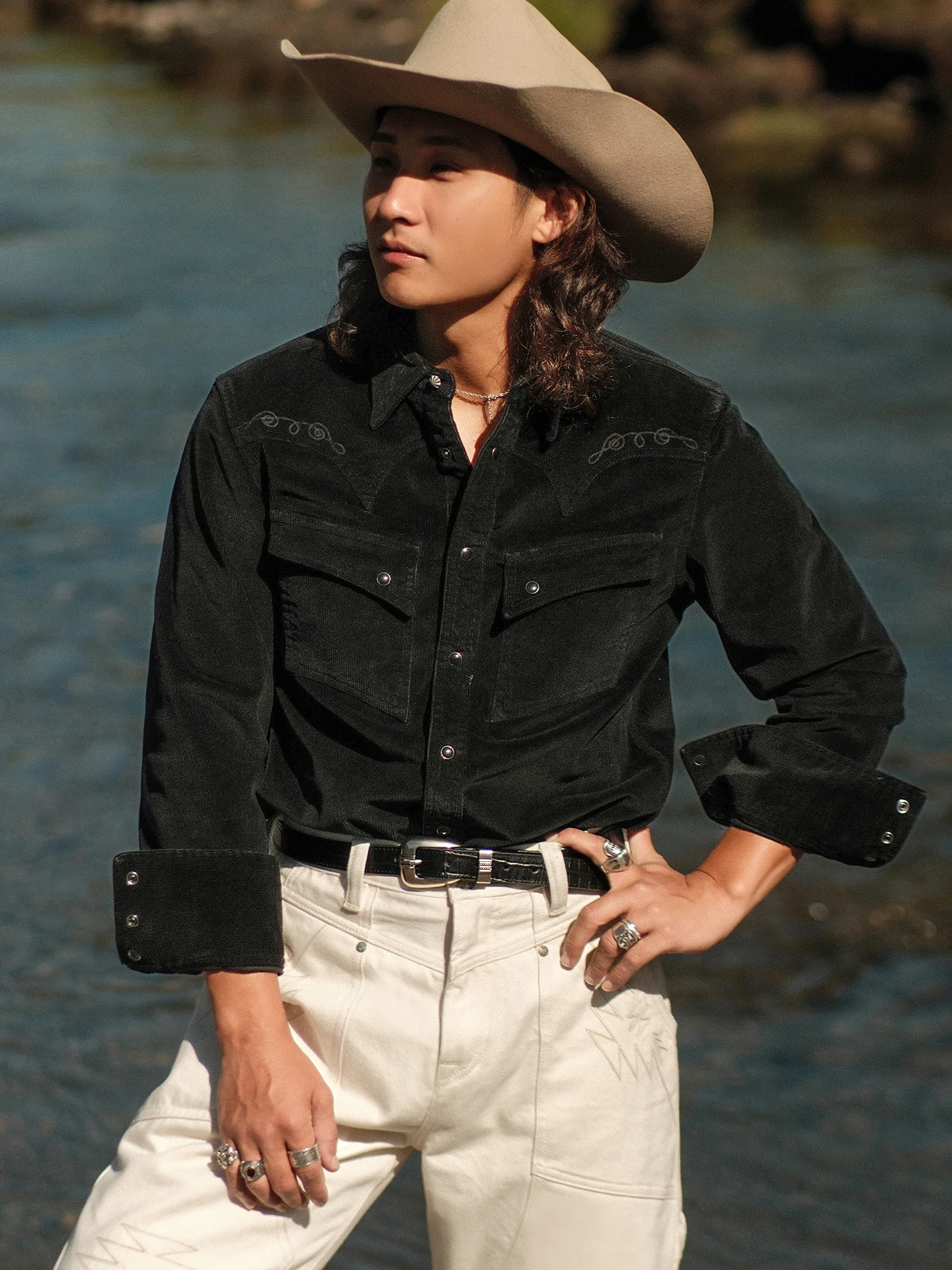 

Waed Corduroy Western irt Embroidered Basic Sle Narrow Width Cotton Polyester Blend Long Sve Vintage Retro Design