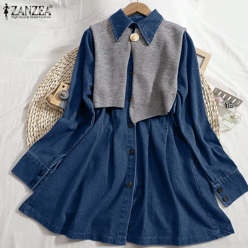 

ZANZEA Fashion Shirts Vintage Denim Fake 2 Piece Women Autumn Tops Long Sleeve Patchwork Casual Loose Office Blusas Femininas