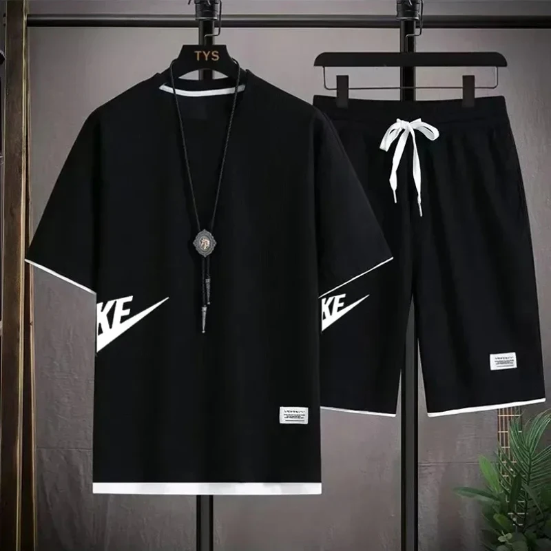 

Summer fashion short-sleeved T-shirt and sports shorts breathable two-piece set, men's casual jogging and fitness sportswear