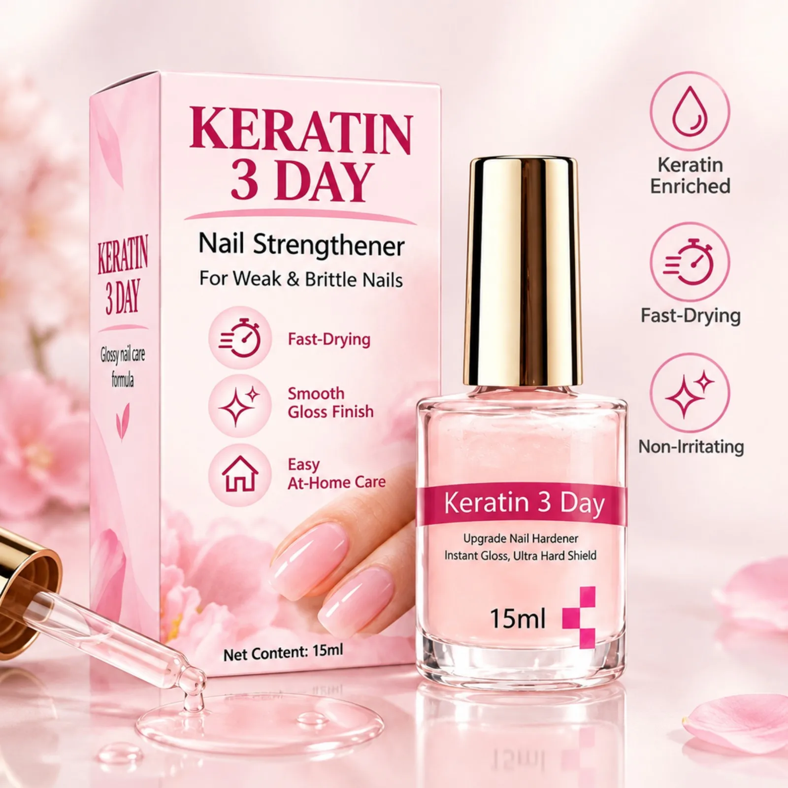 Nail Strengthener Keratin 3 Day Quick-Drying Glossy Finish At-Home Care for Weak & Brittle Nails Non-Irritating Treatment