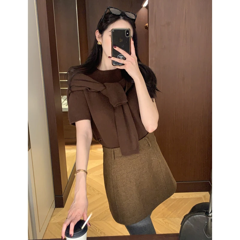 طقم نسائي أنيق للخريف والشتاء، كنزة محبوكة ناعمة ومريحة بأكمام قصيرة، كارديجان فضفاض بأكمام طويلة، طقم من قطعتين، جديد 00%