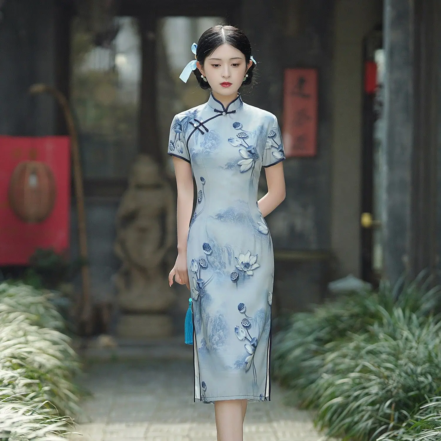 

Весна-лето, новинка 2023, высокое качество для мам из ацетата, улучшенное женское вечернее платье средней длины, ретро Sle, другой материал 00%