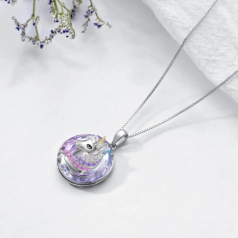 Exquisite Ladies Fashion Income Unicorn Pendant Necklace Colorful Round Animal Crystal Jewelry Anniversary Bride Wedding Gift