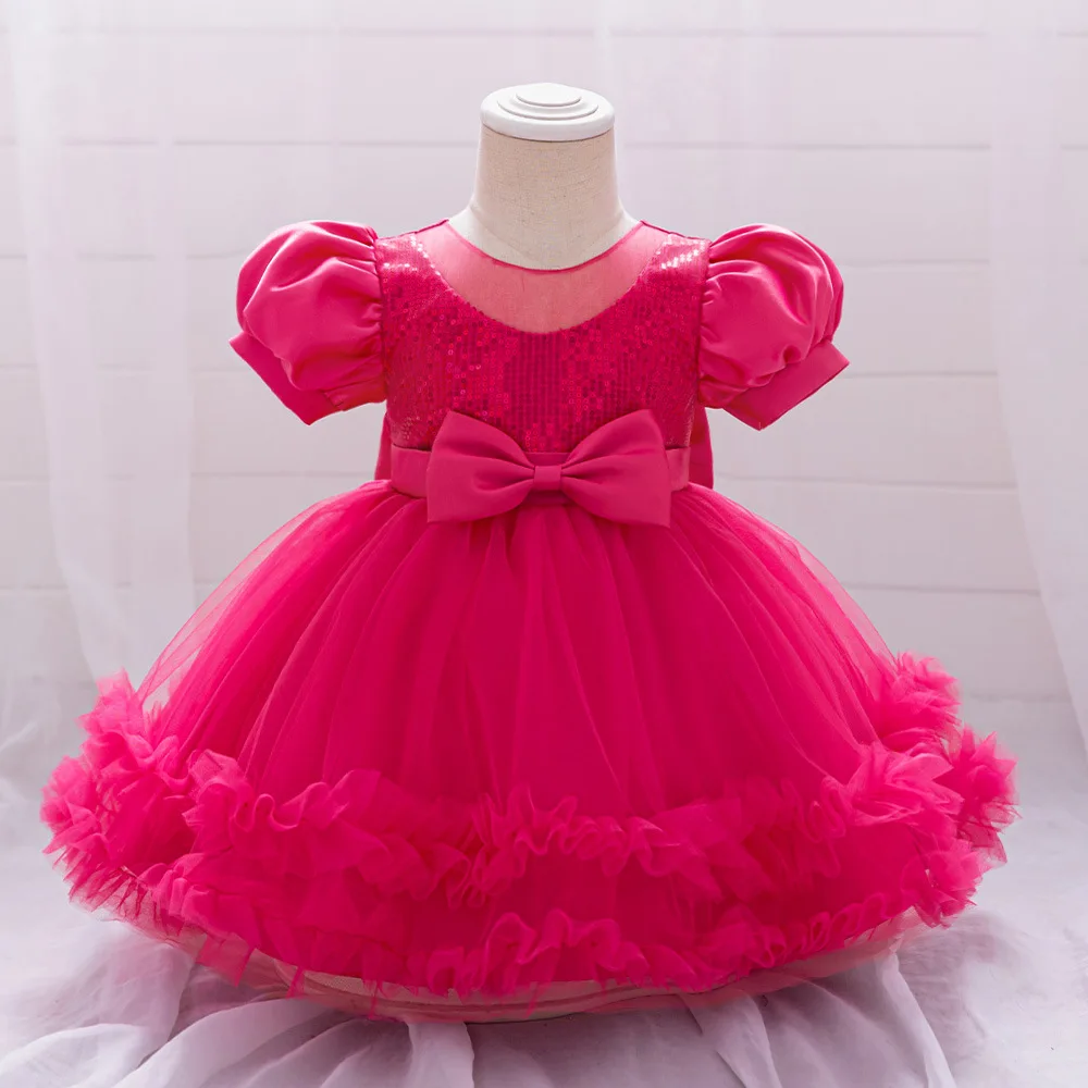 Grace Stylish Baby Toddler Puff Sleeves Sequined Flower Girl Birthday Party Graduation Ceremony Dance Party Soft Tutu Dress