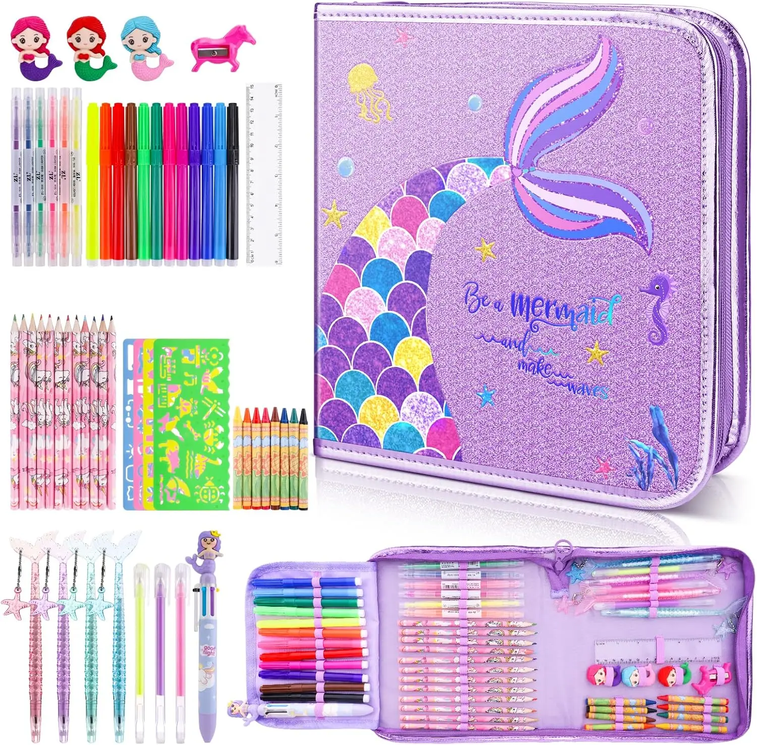 Mermaid Painting Set with Pencil Markers Coloring Drawing Kits for Kids with Pencil Case Art Supplies for Kids Ages 3+