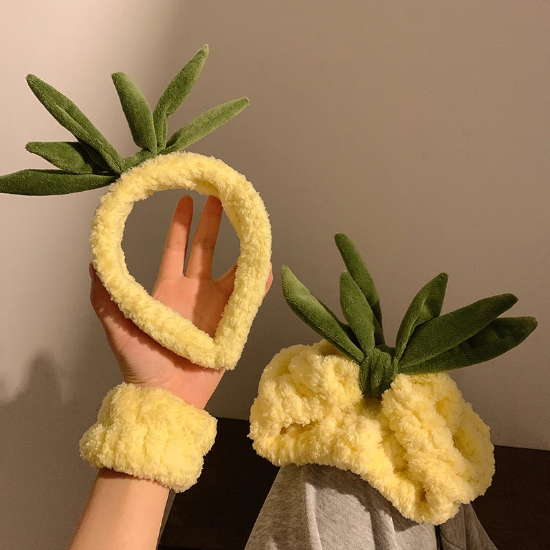 Keep Dry Water Wrist Strap Hair Accessories Soft Elastic Hair Band Yellow Pineapple Plush Headband Handmade DIY Thick Head Wrap