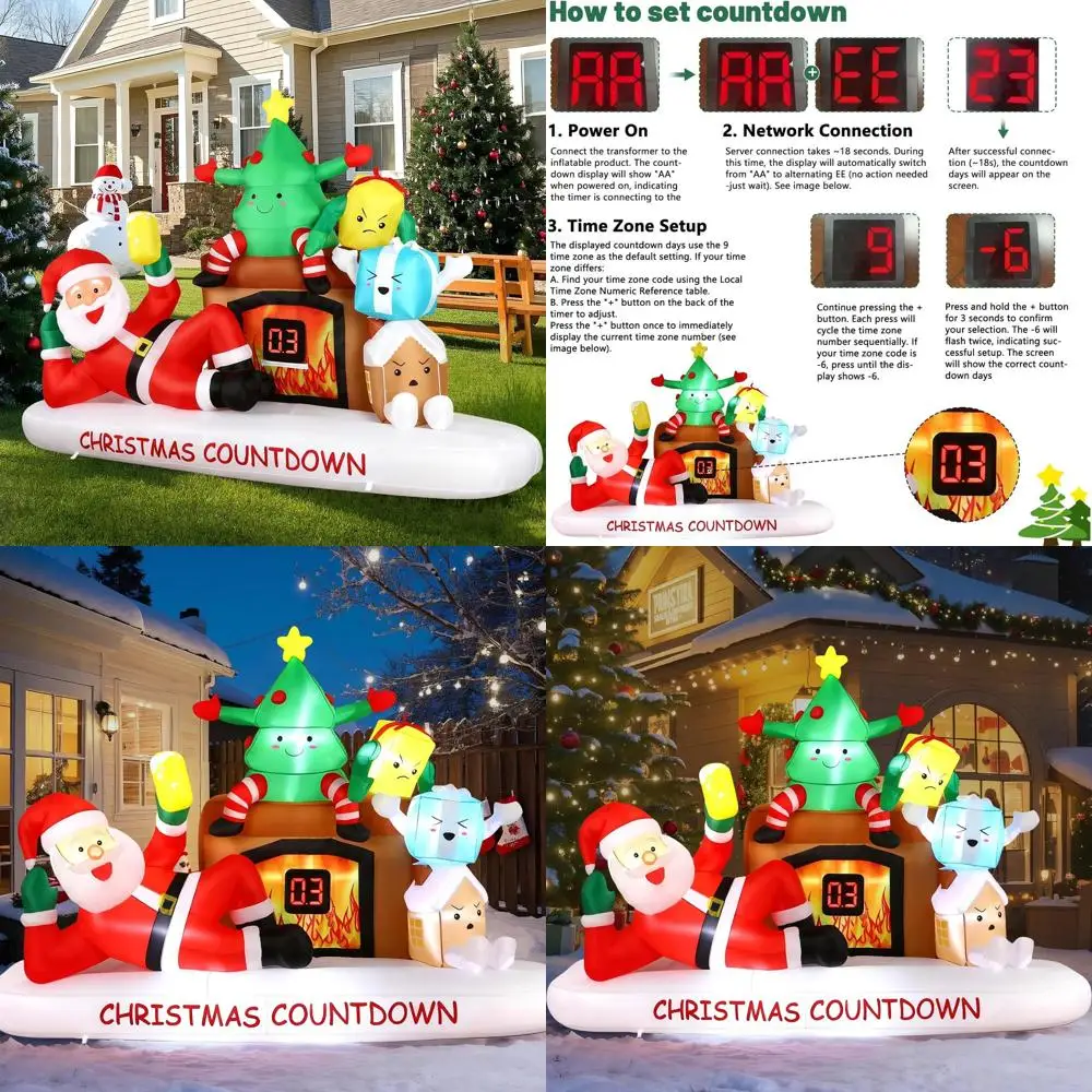 Christmas Outdoor Inflatable Decorations with LED Countdown Clock, Santa, Tree, Fireplace, and Gift Boxes for Holiday Party Lawn