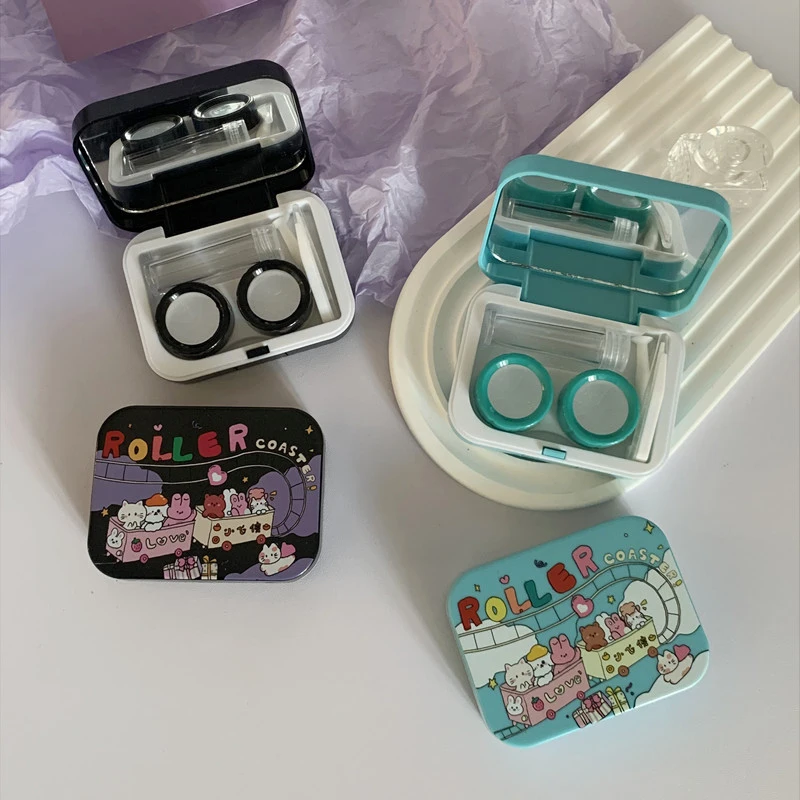 Cute Cartoon Animal Amusement Park Portable Contact Lens Case for Women Party Kit Holder with Mirror Tarvel Black Lenses Box