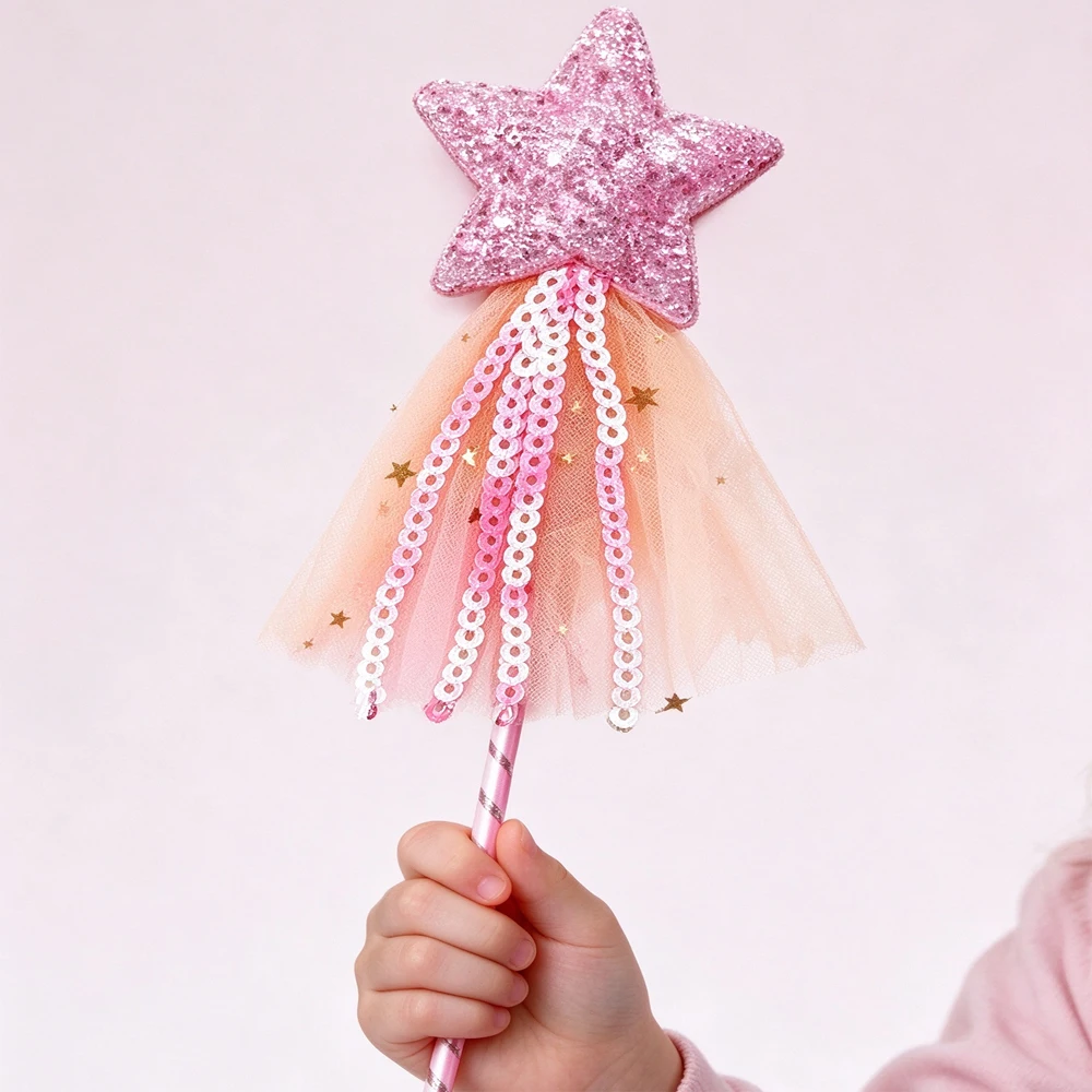 Girls Five Pointed Star Glitter Princess Wand with Tassel Ribbon Kids Dress Up Costume Accessories Birthday Halloween Christmas