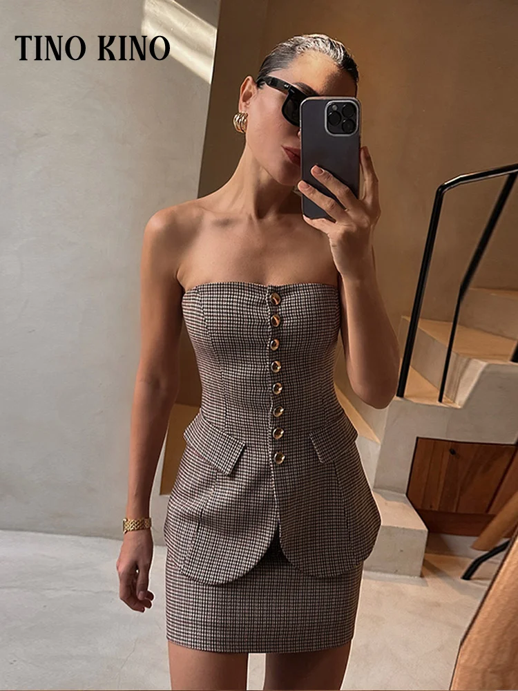 

Plaid Strapless Women Top Set Hip Package Slim Female Mini Skirt Sets 2025 Sexy Single Breasted Backless Off Shoulder Lady Suit