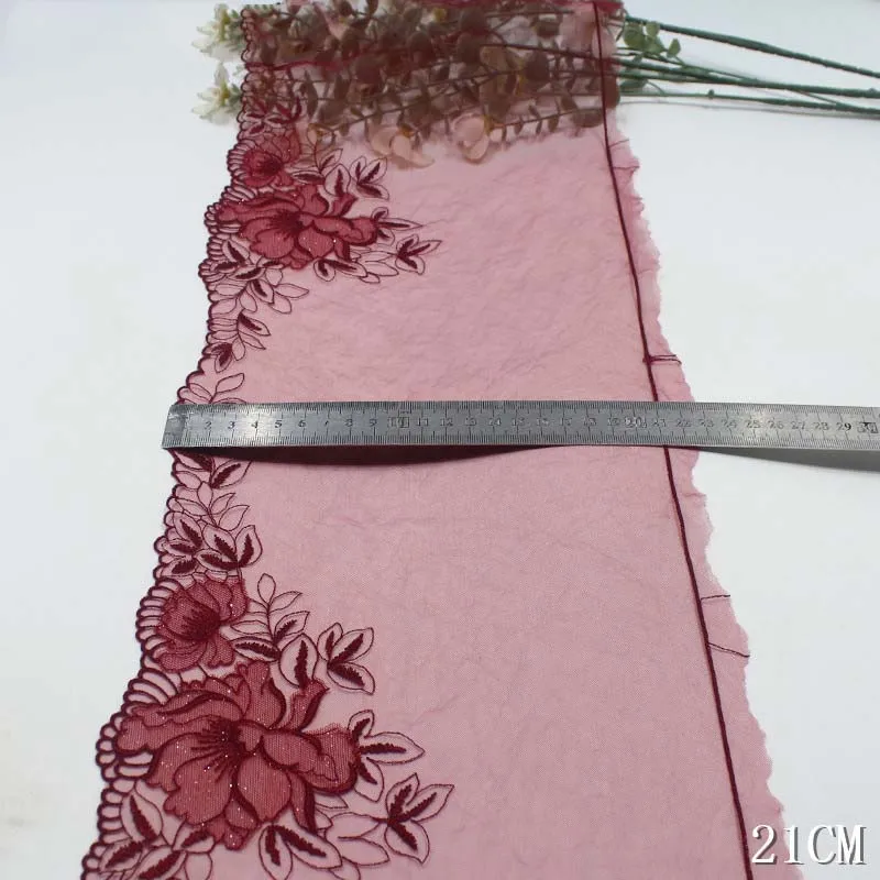 

1lot/30Yds Dark Red Flower Tulle Embroidered Fancy Encaje Lace Trim Fabric for Bra Underwear Lingerie Doll Sofa Dress