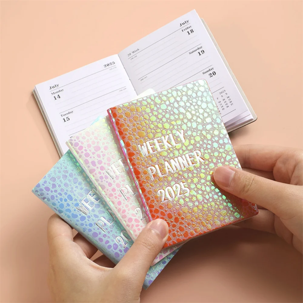 Colorful Laser Notebook A7 English Schedule Planner 2025 Portable Mini Pocket Student Diary Notepad School Office Supplies