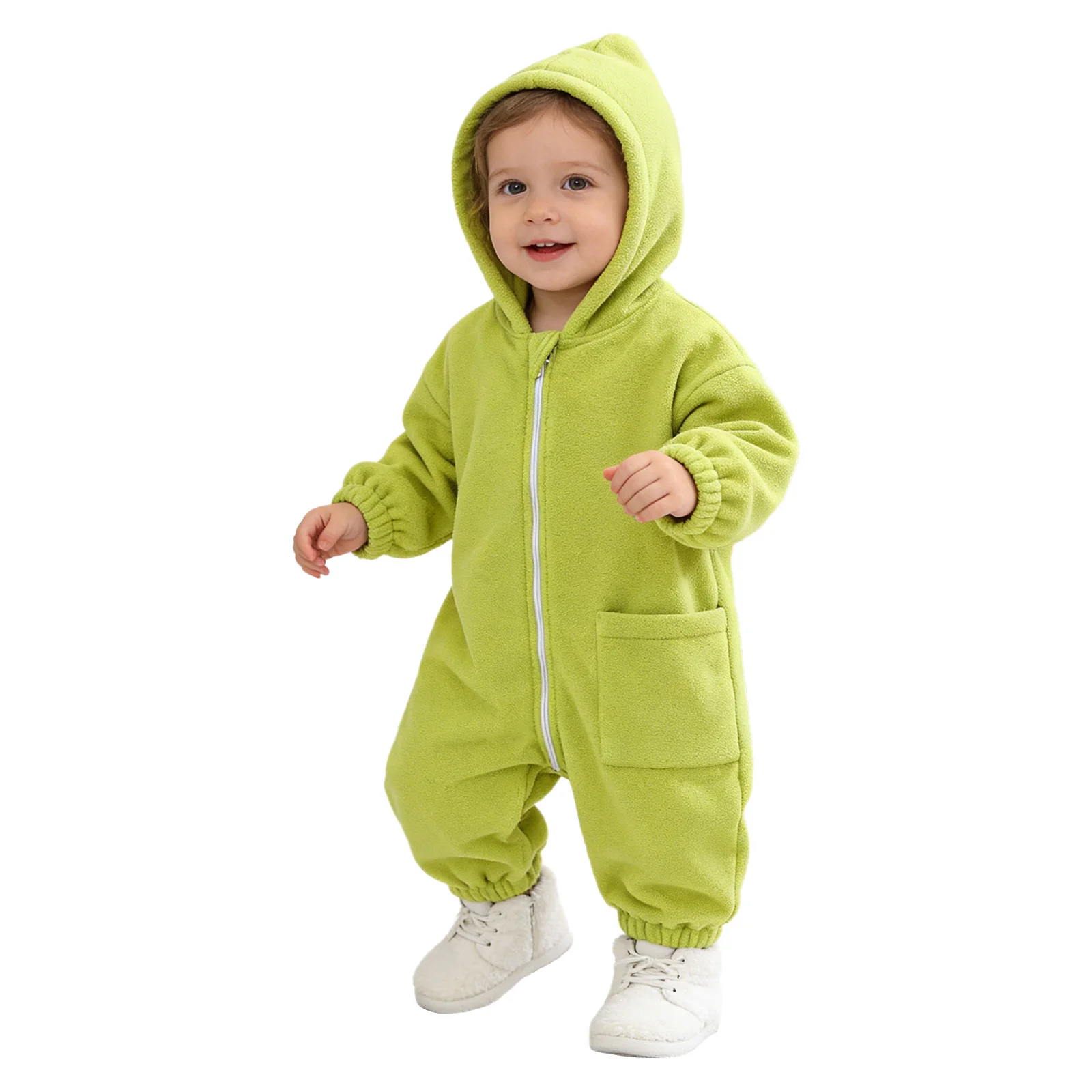 

Baby Boys Girls Warm Fleece Hooded Rompers Long Sleeve Zipper Jumpsuit with Pocket Kids Winter Clothes Snowsuit Casual Homewear
