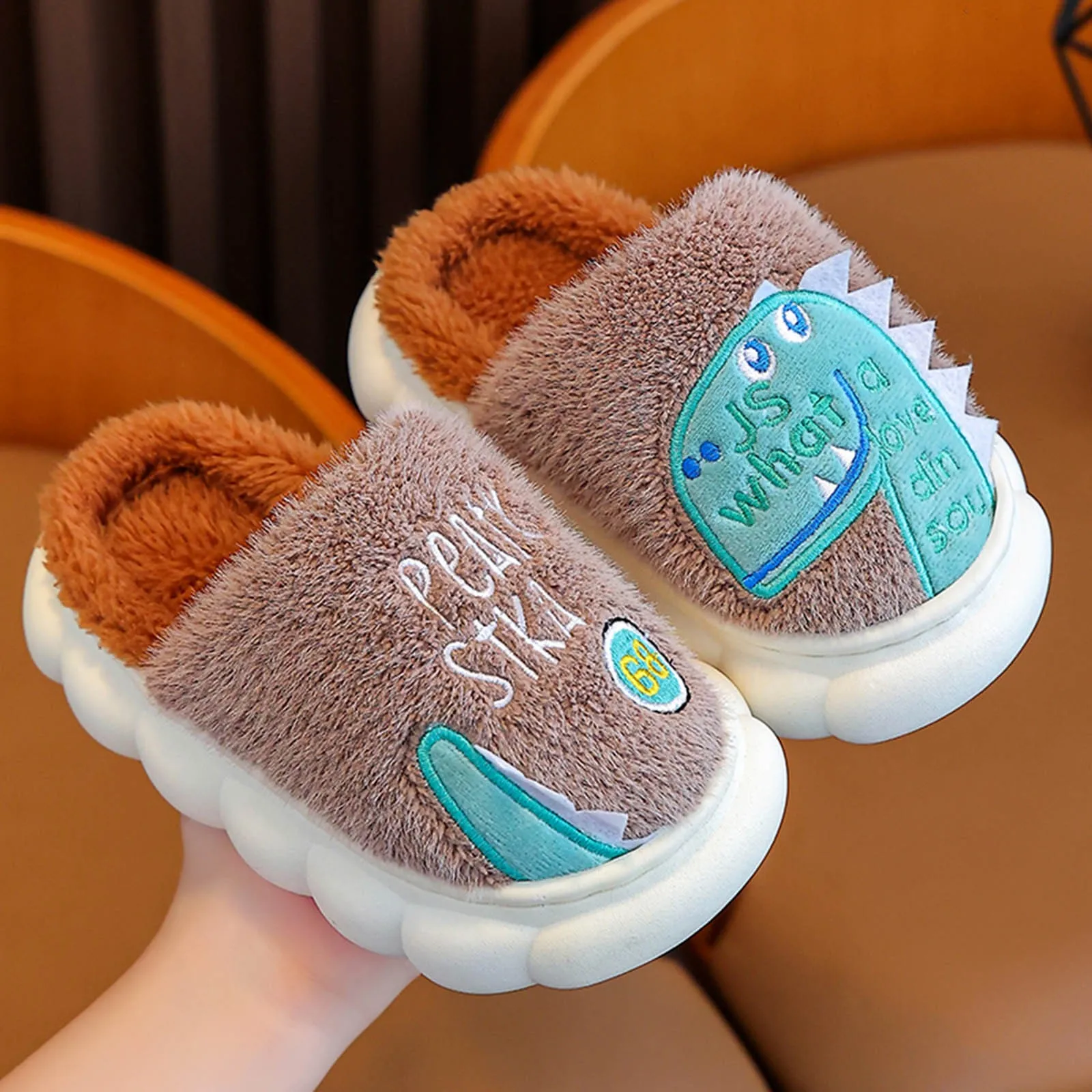 Winter Cute Cartoon Dinosaur Children Plush Slippers Soft Sole Warm Baby Boys Girls Indoor Home Non-slip Kids Thick Cotton Shoes