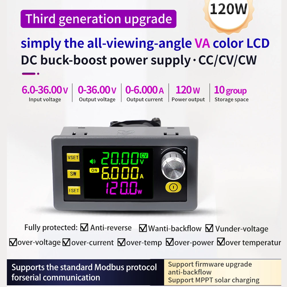 XY-SK120 디지털 직류 전압 조정기 전원 공급 장치 모듈, 전체 시야각 VA 컬러 LCD 디스플레이 펌웨어 업그레이드